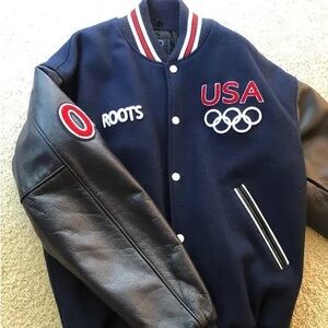 Roots 2004 Olympics Blue and Black Bomber Jacket